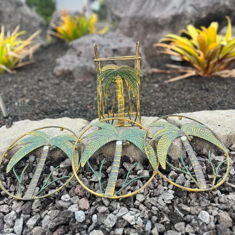 Vintage Palm Tree Metal Wall Art & Holder Set NWOT Tropical Coastal Decor